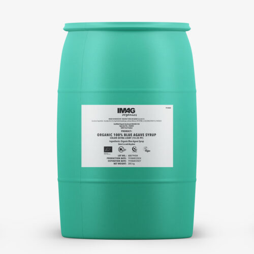 Green barrel of IMAG Organics - 100% Blue Agave Syrup Extra Light with printed label highlighting organic certification and natural sweetener benefits